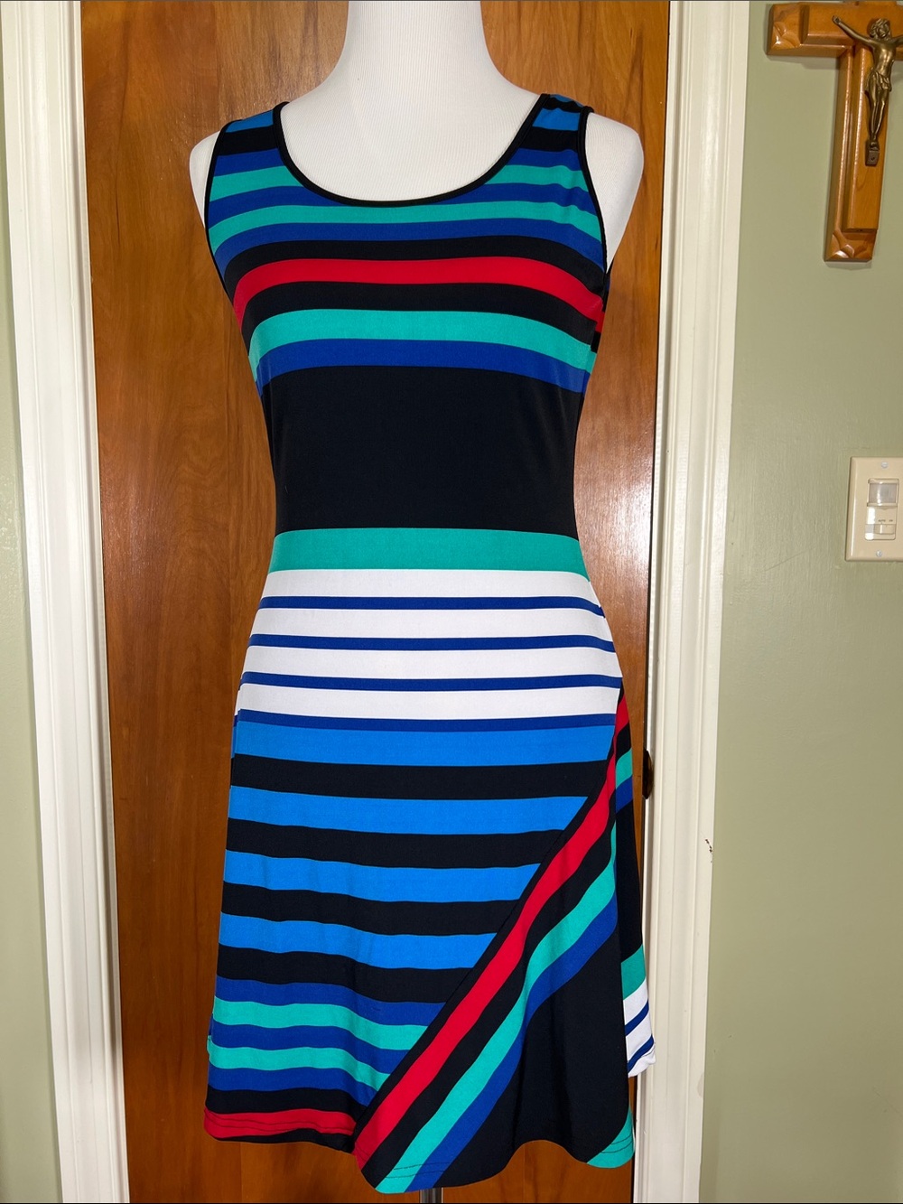 Calvin Klein Striped Sleeveless Fit & Flare Dress in Black, Blue, Teal and Red